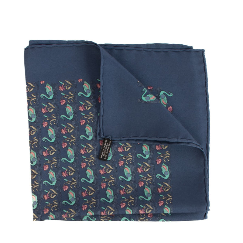 Hermés Blue Silk Swan Pocket Square 40 Scarf