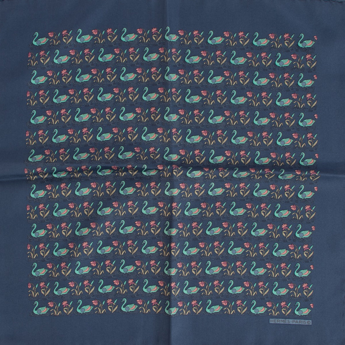 Hermés Blue Silk Swan Pocket Square 40 Scarf