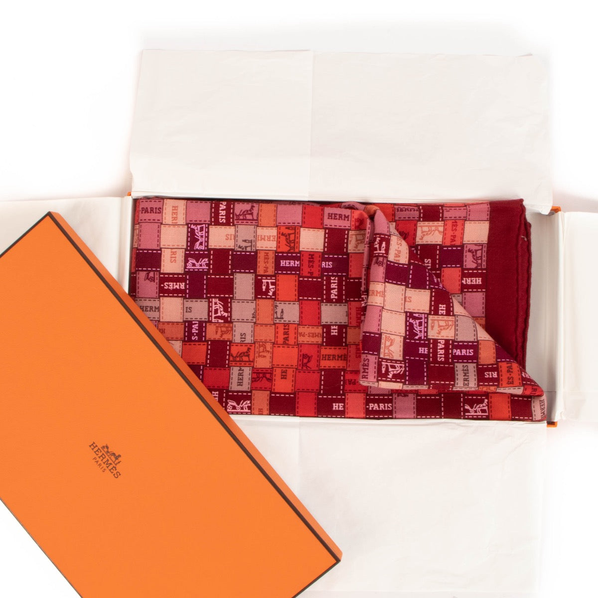 Shop a 100% authentic Hermès Red Bolduc Au Carré Cashmere And Silk Scarf on Labellov.com.