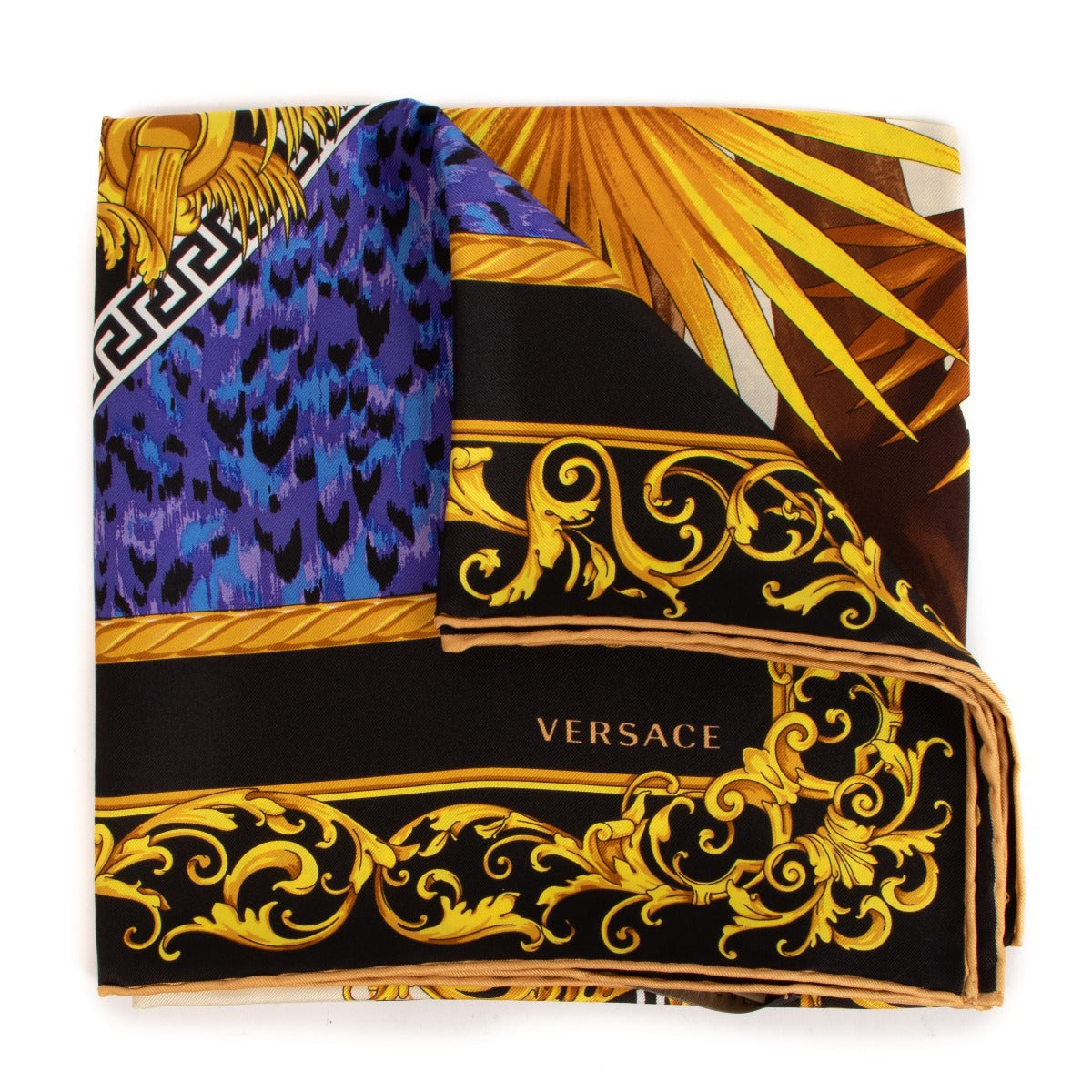Versace Gold Blue Jungle Lion Silk Scarf
