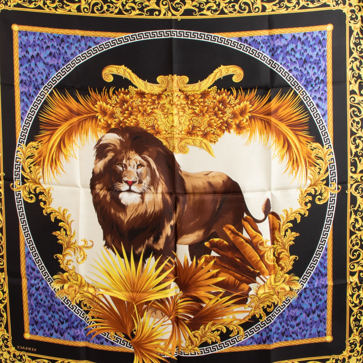 Versace Gold Blue Jungle Lion Silk Scarf