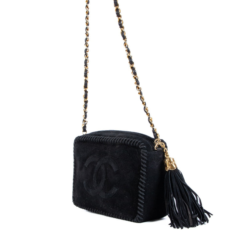 Chanel Vintage Black Suede Tassel Camera Bag