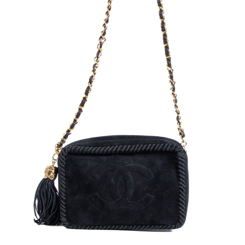 Chanel Vintage Black Suede Tassel Camera Bag