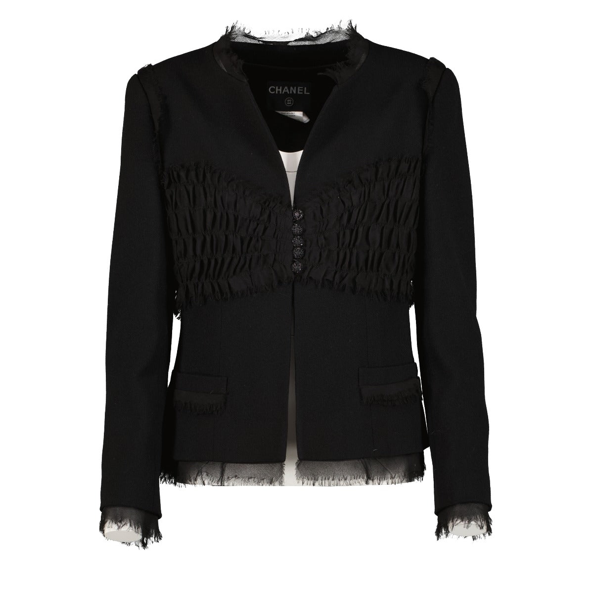 Chanel 04P Black Wool Frayed Edge Jacket