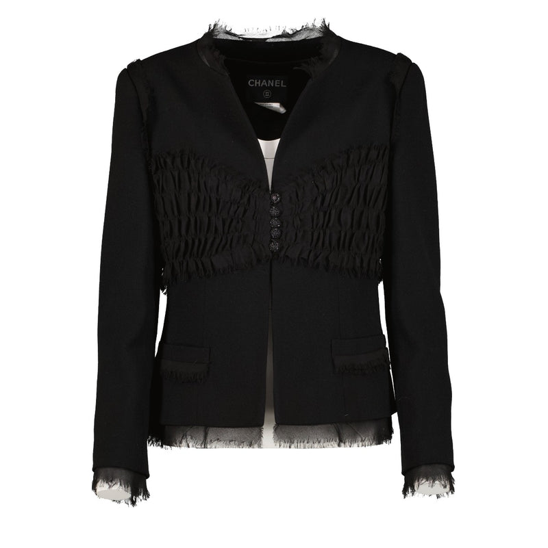 Chanel 04P Black Wool Frayed Edge Jacket
