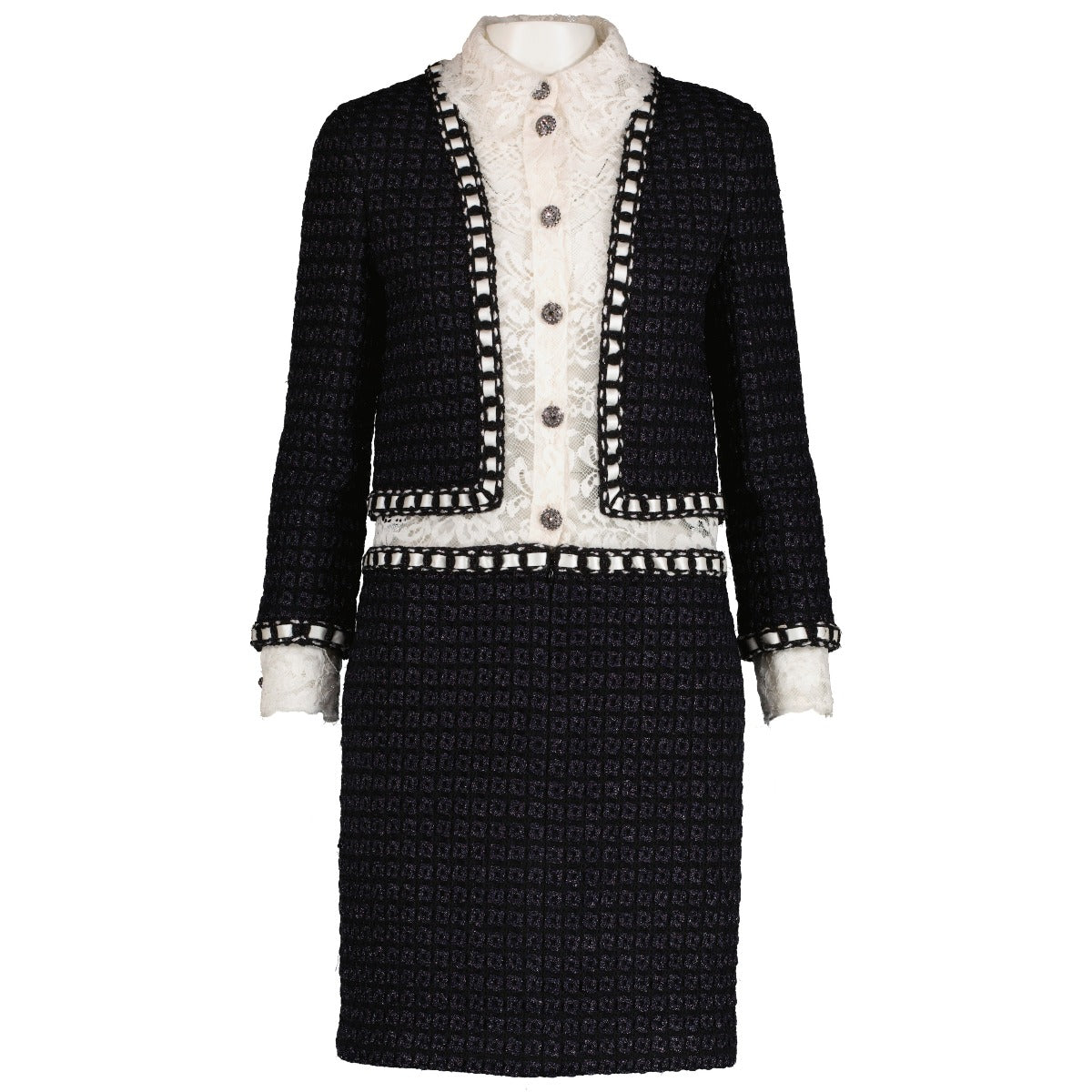 Chanel 16A Runway Lace Trim Tweed Dress