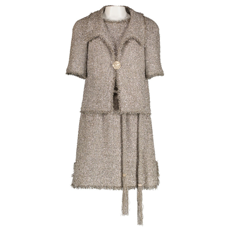 Chanel 18C Metallic Zilveren Tweed Jas/Jurk Set - FR38