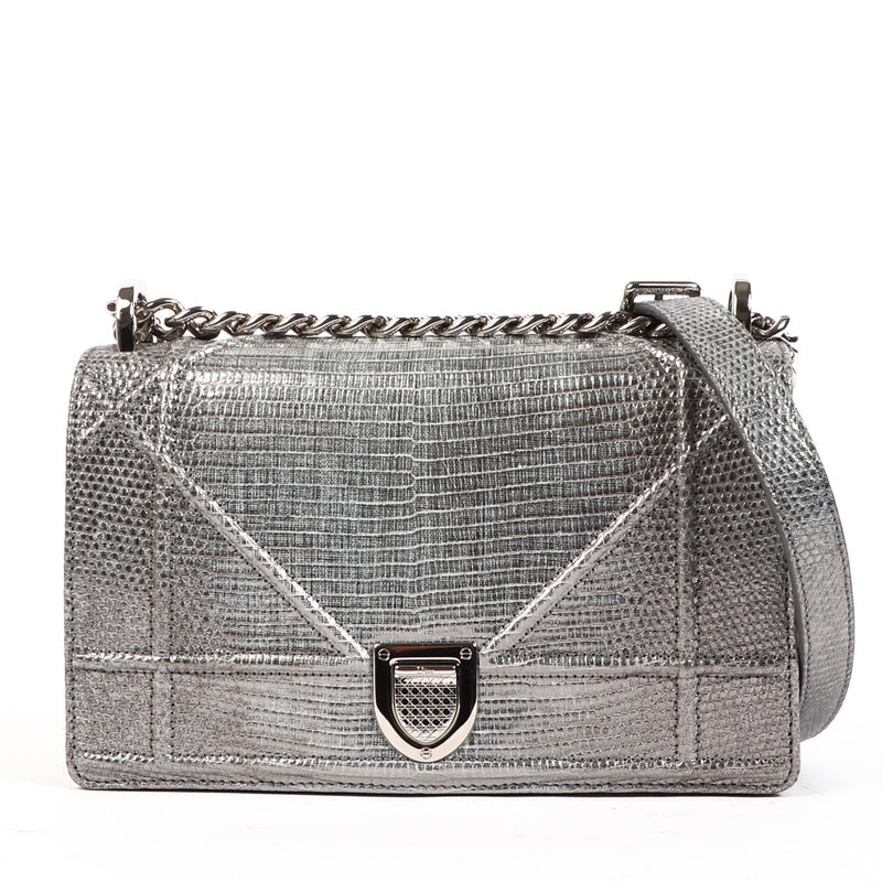 Buy an authentic second hand Christian Dior Silver Snake Embossed Small Diorama Shoulder Bag in very good condition at Labellov.com