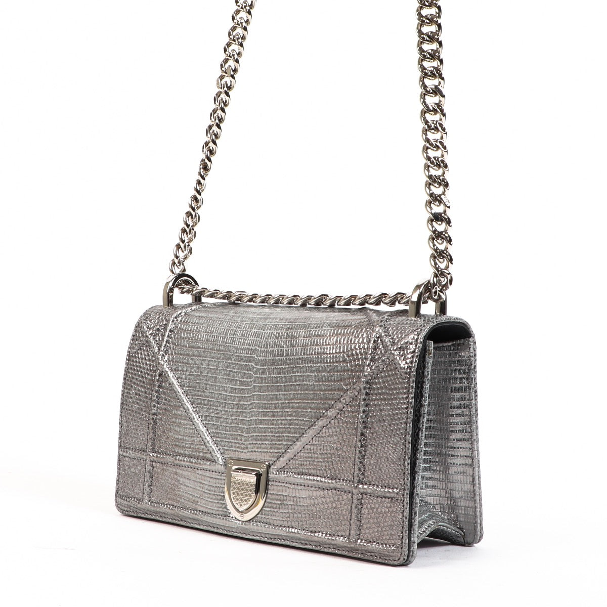 Buy an authentic second hand Christian Dior Silver Snake Embossed Small Diorama Shoulder Bag in very good condition at Labellov.com