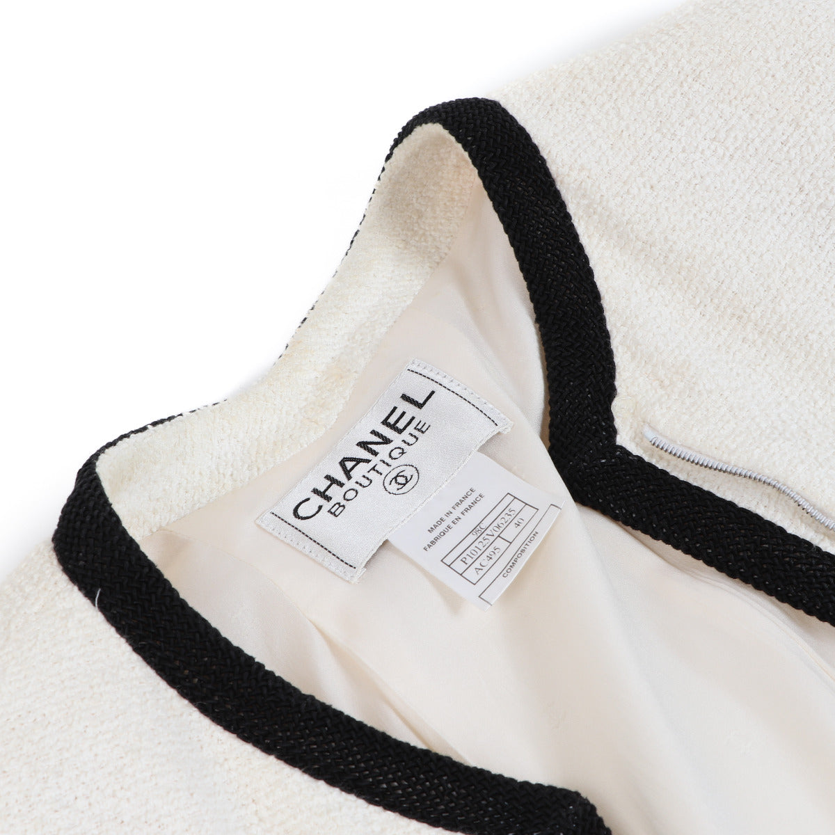 Chanel Cruise '98 Wit Bouclé Ritsjasje met Contrasterende Bies - maat FR40