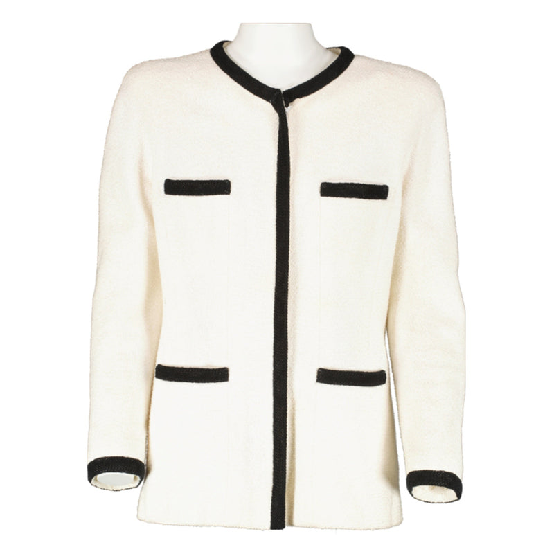Chanel Cruise '98 White Contrast Trim Bouclé Zip Jacket - size FR40