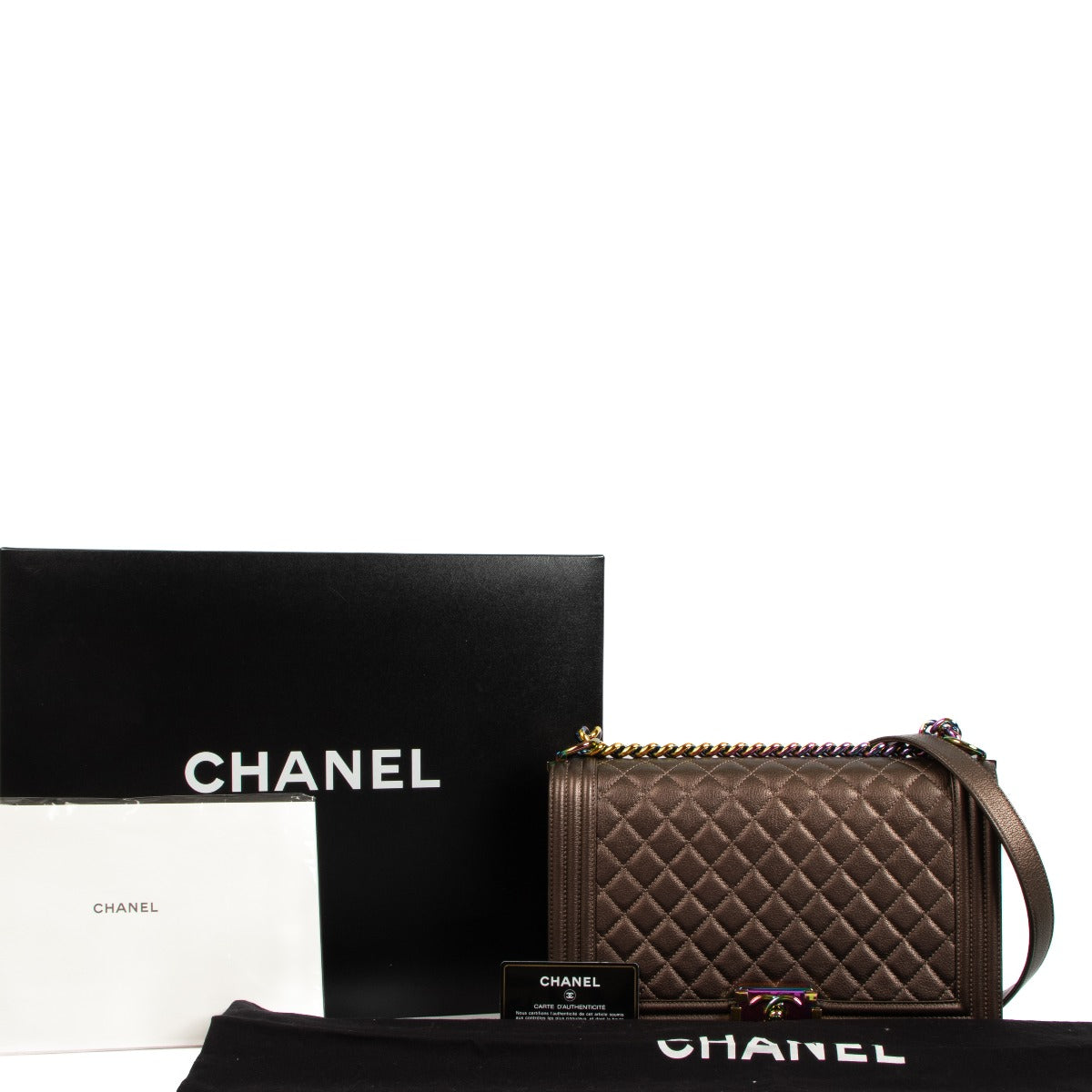 Buy an authentic second hand Chanel Bronze Rainbow Chain Large Boy Bag in very good condition at Labellov
