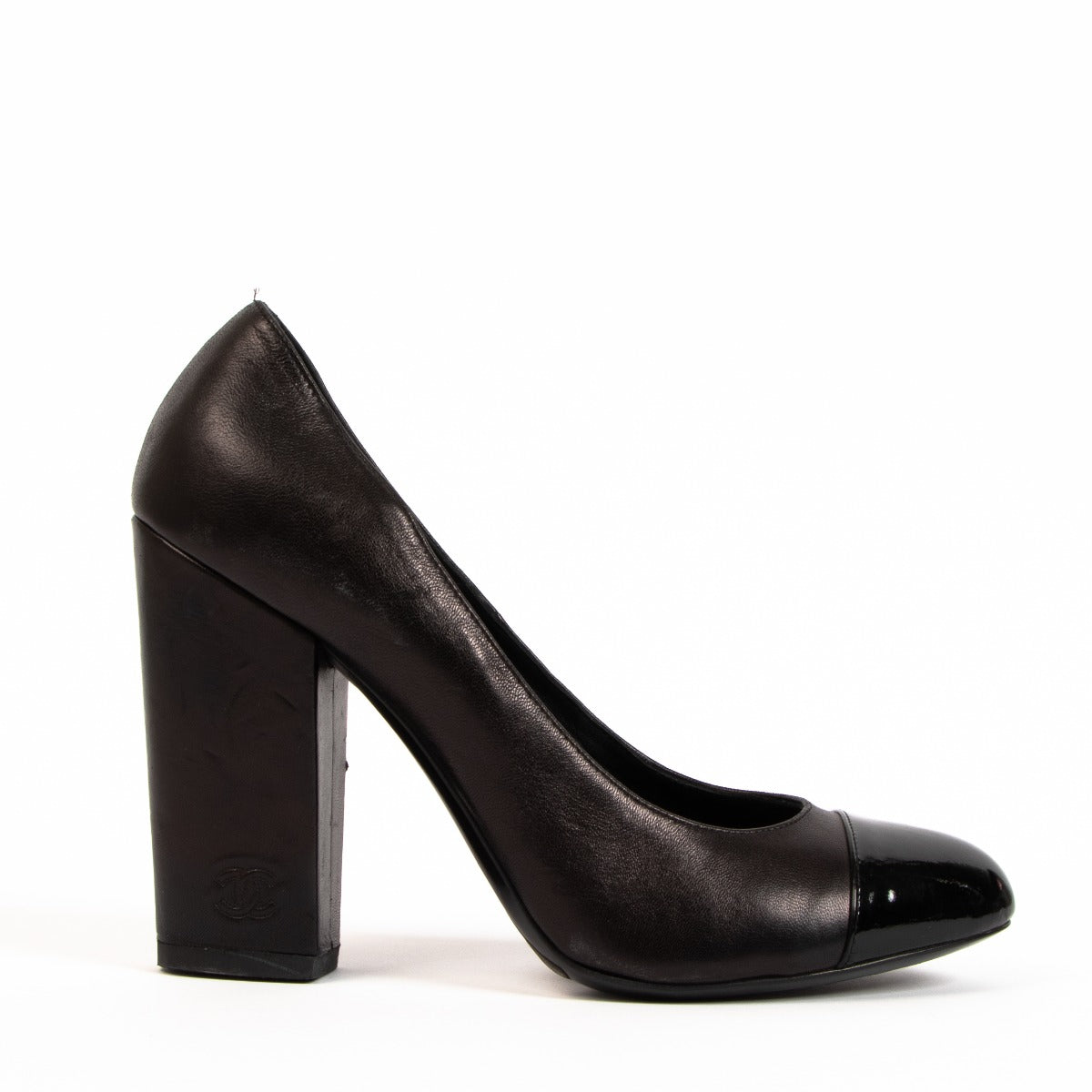 Chanel Black Cap Toe CC Block Heel Pumps
