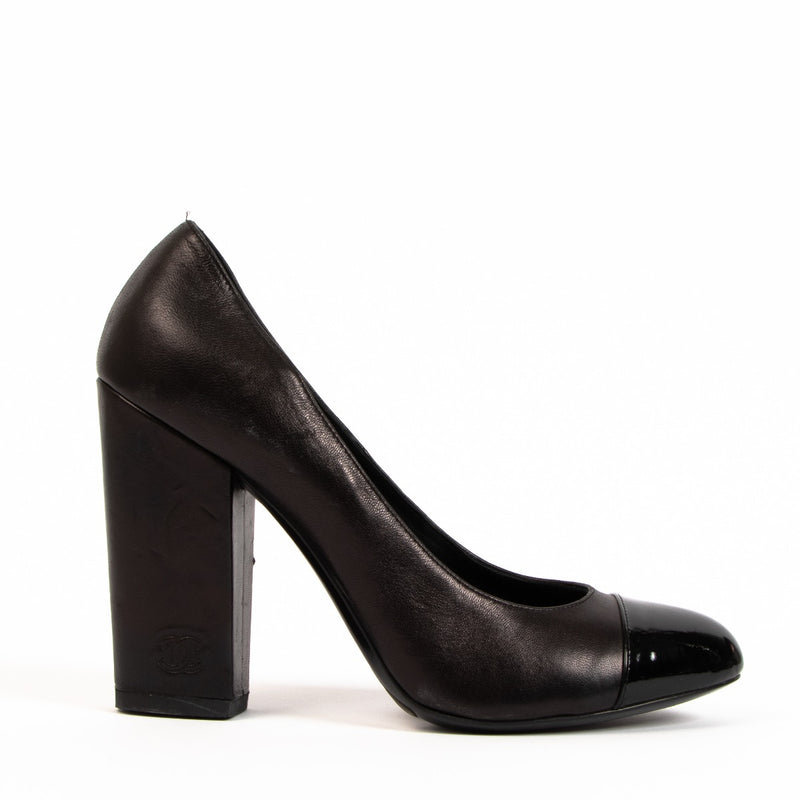Chanel Black Cap Toe CC Block Heel Pumps