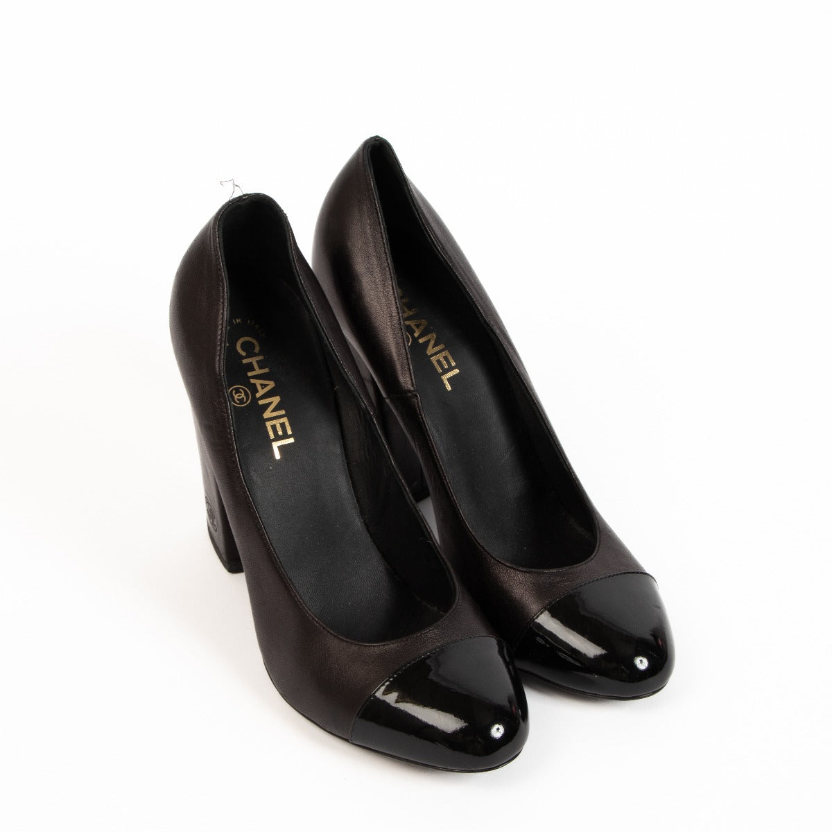 Chanel Black Cap Toe CC Block Heel Pumps
