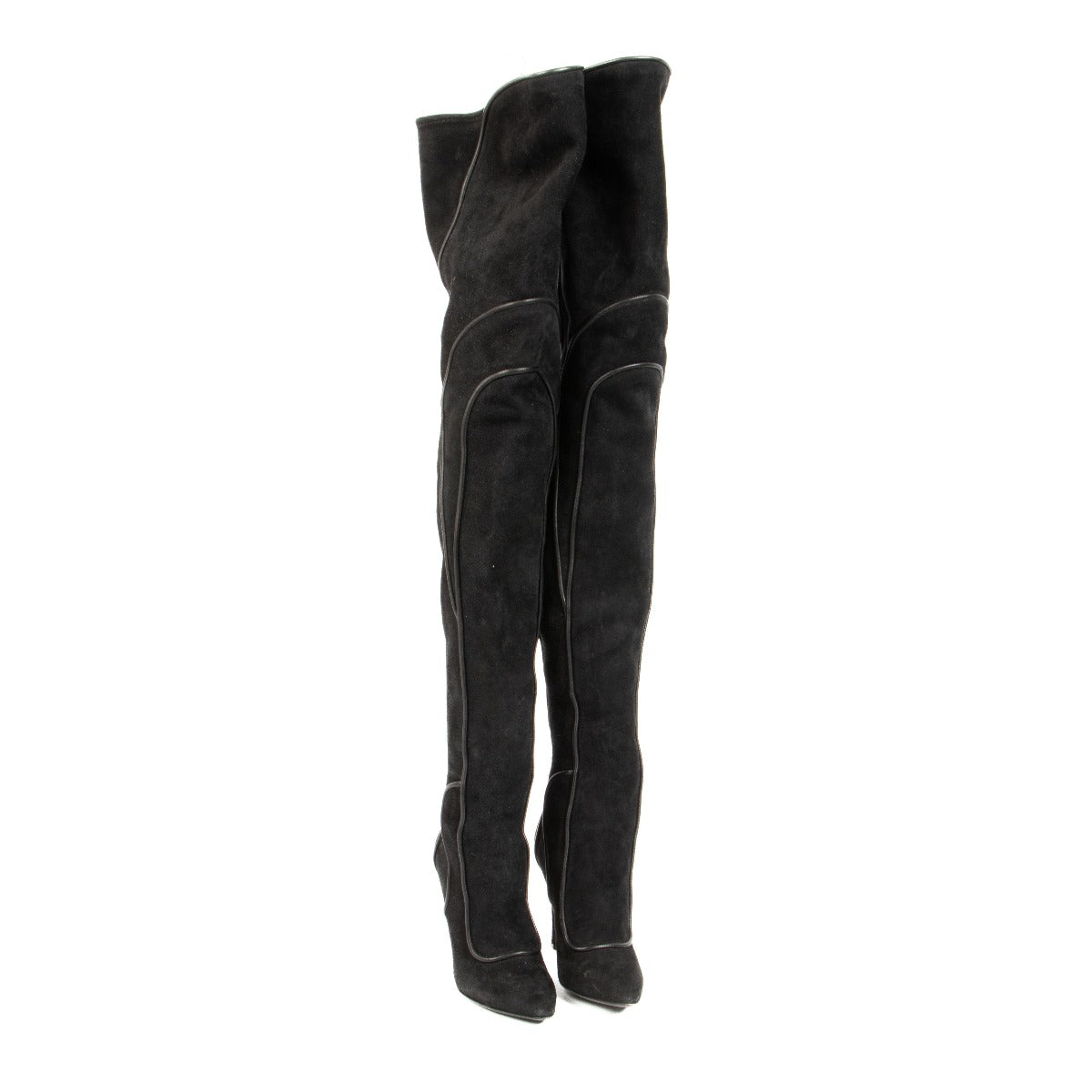 Sergio Rossi Black Suede Graphic Line Over-the-Knee Boots