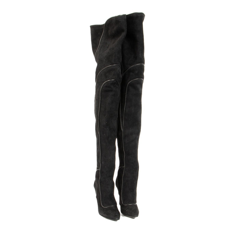 Sergio Rossi Black Suede Graphic Line Over-the-Knee Boots