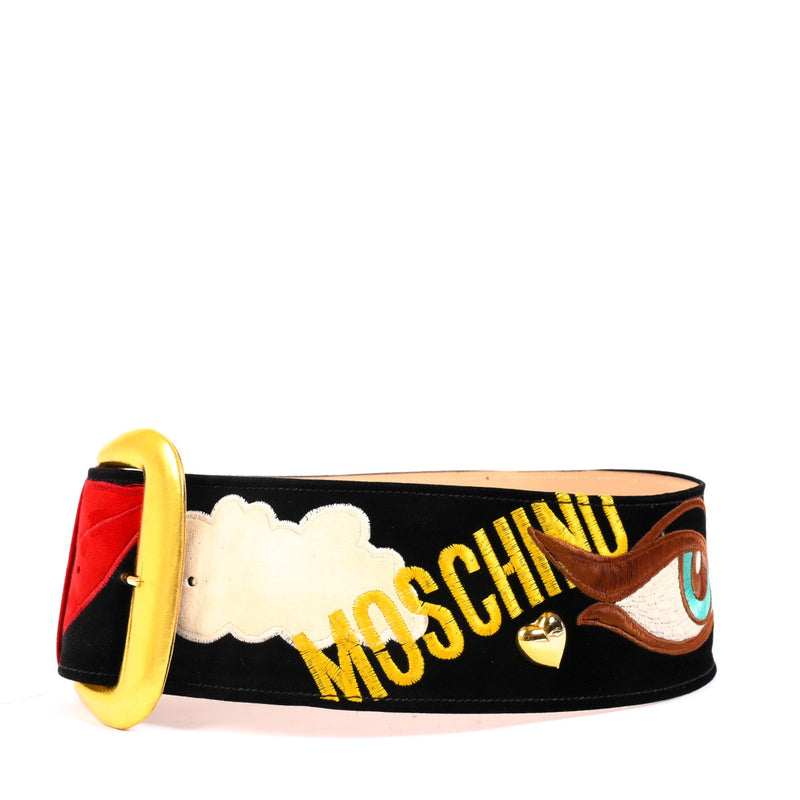 Moschino Black Suede Novelty Eyes Lips Clouds Wide Belt