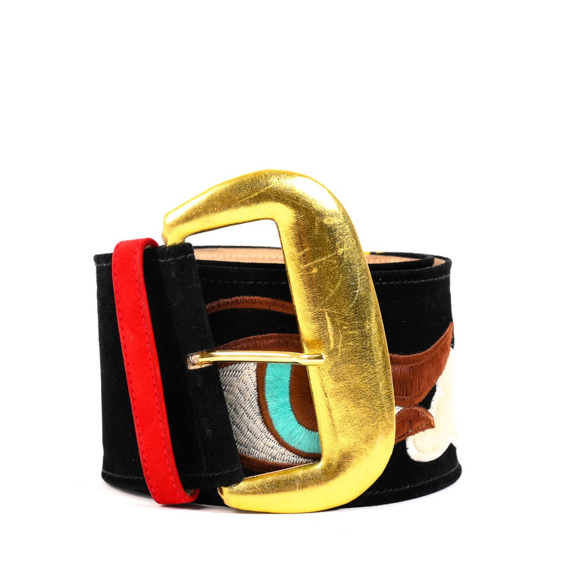 Moschino Black Suede Novelty Eyes Lips Clouds Wide Belt