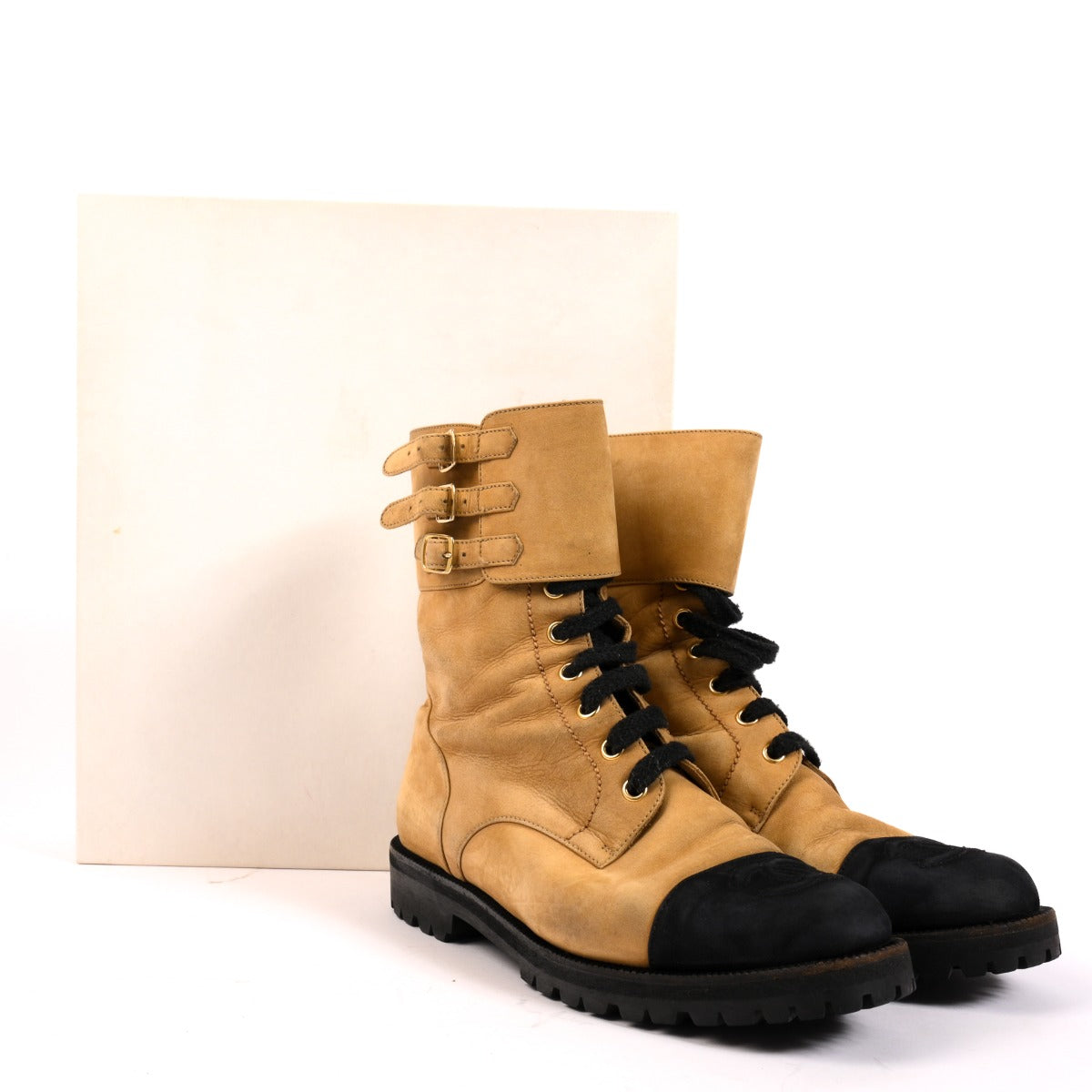 Chanel Vintage Beige Nubuck CC Cap Toe Boots