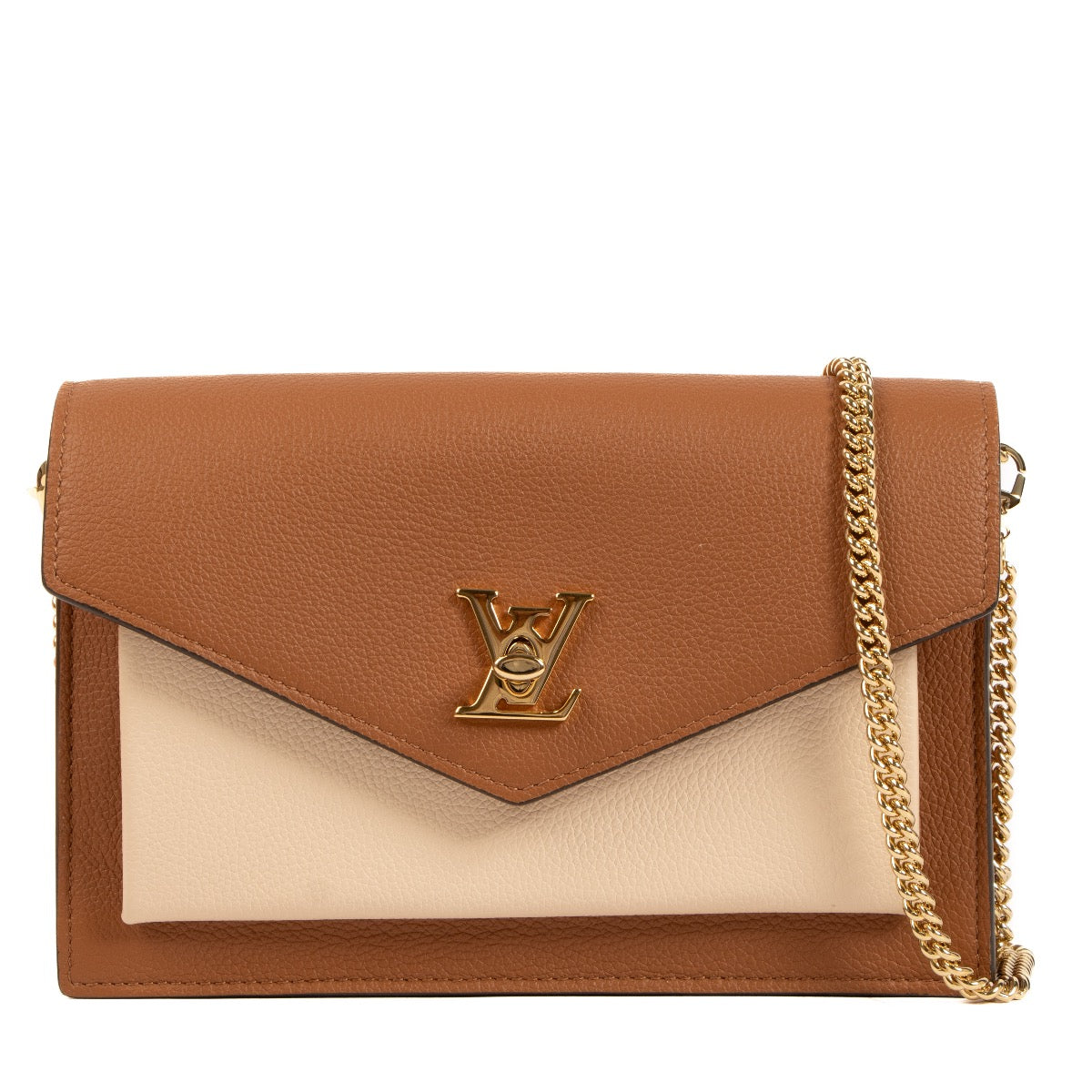 Shop Safe online at Labellov in Antwerp, Brussels and Knokke this 100% authentic second hand Louis Vuitton Cognac MyLockMe Chain Pochette Crossbody
