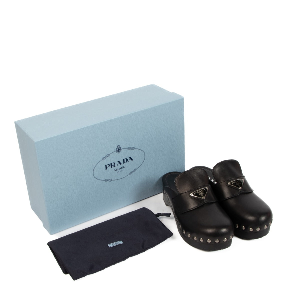 Prada Black Studded Leather Clogs