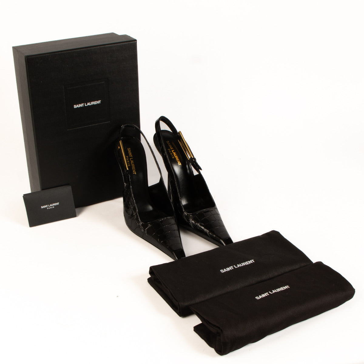 Saint Laurent Lee Black Patent Croc Slingback Pumps - size 42 aan de beste prijs bij Labellov tweedehands luxe in Antwerpen, Brussel, Knokke