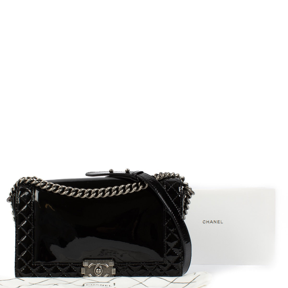 Authentic second hand Chanel Black Patent Large Boy Crossbody Bag on Labellov.com