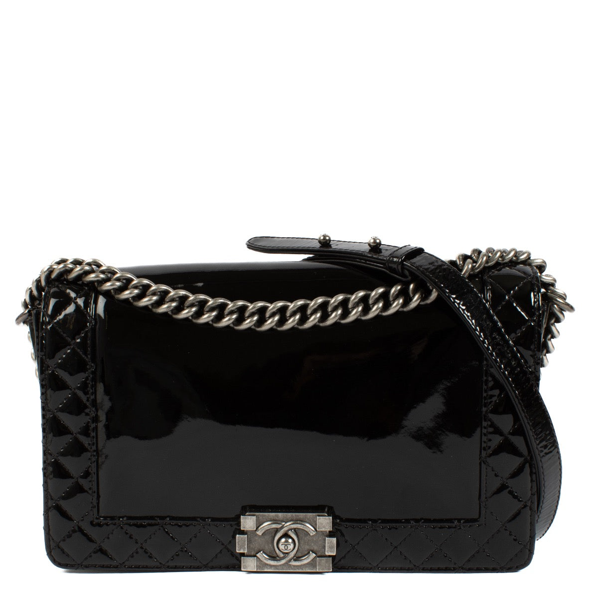 Authentic second hand Chanel Black Patent Large Boy Crossbody Bag on Labellov.com