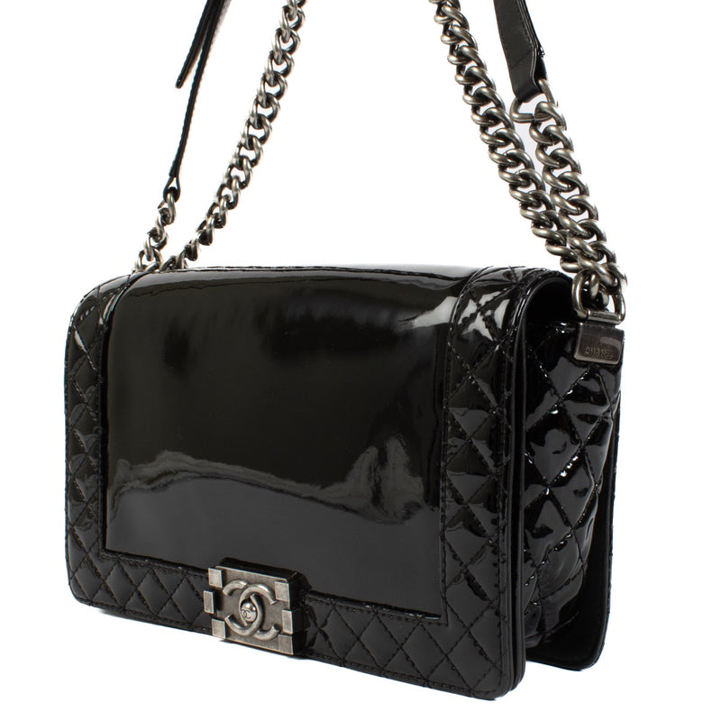 Authentic second hand Chanel Black Patent Large Boy Crossbody Bag on Labellov.com