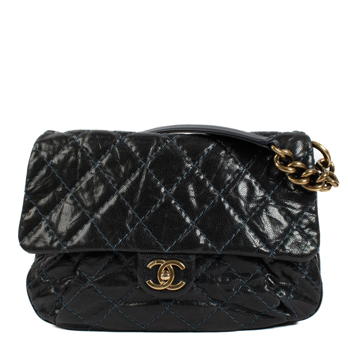 Chanel navy blue calfskin bag with light blue stitching, gold hardware, short shoulder strap, and long crossbody strap. Shop now on Labellov.com.
