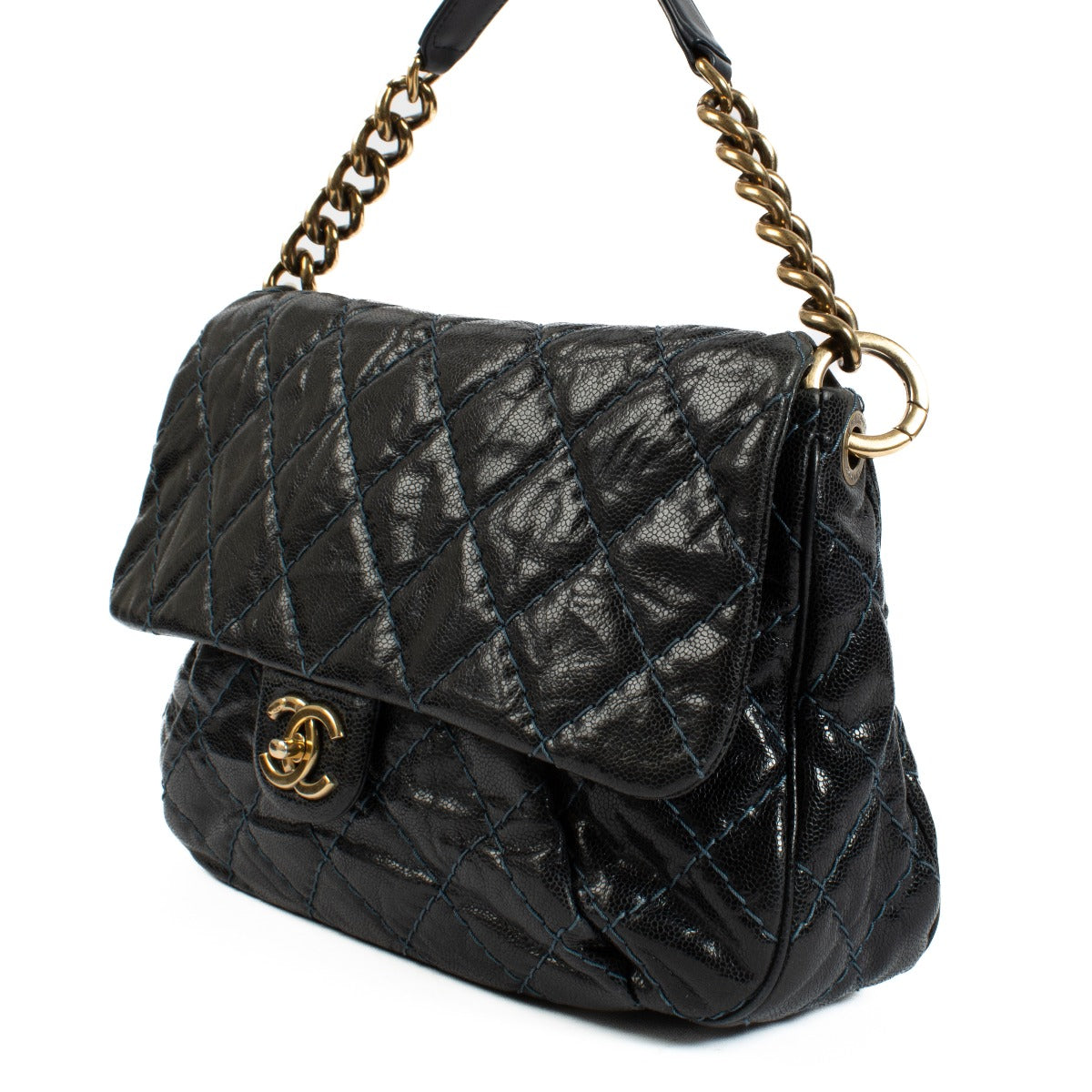 Chanel navy blue calfskin bag with light blue stitching, gold hardware, short shoulder strap, and long crossbody strap. Shop now on Labellov.com.