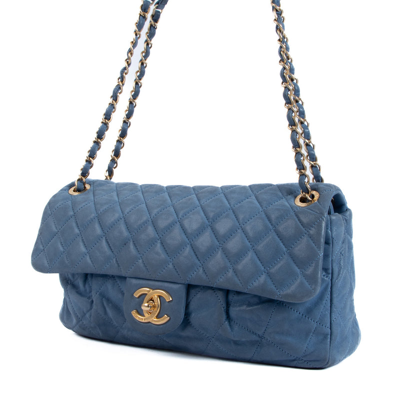 Chanel Blue Iridescent Quilted Fabric Medium Classic Flap Bag