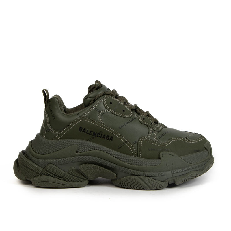 Balenciaga Olive Green Logo Allover Triple S Sneakers