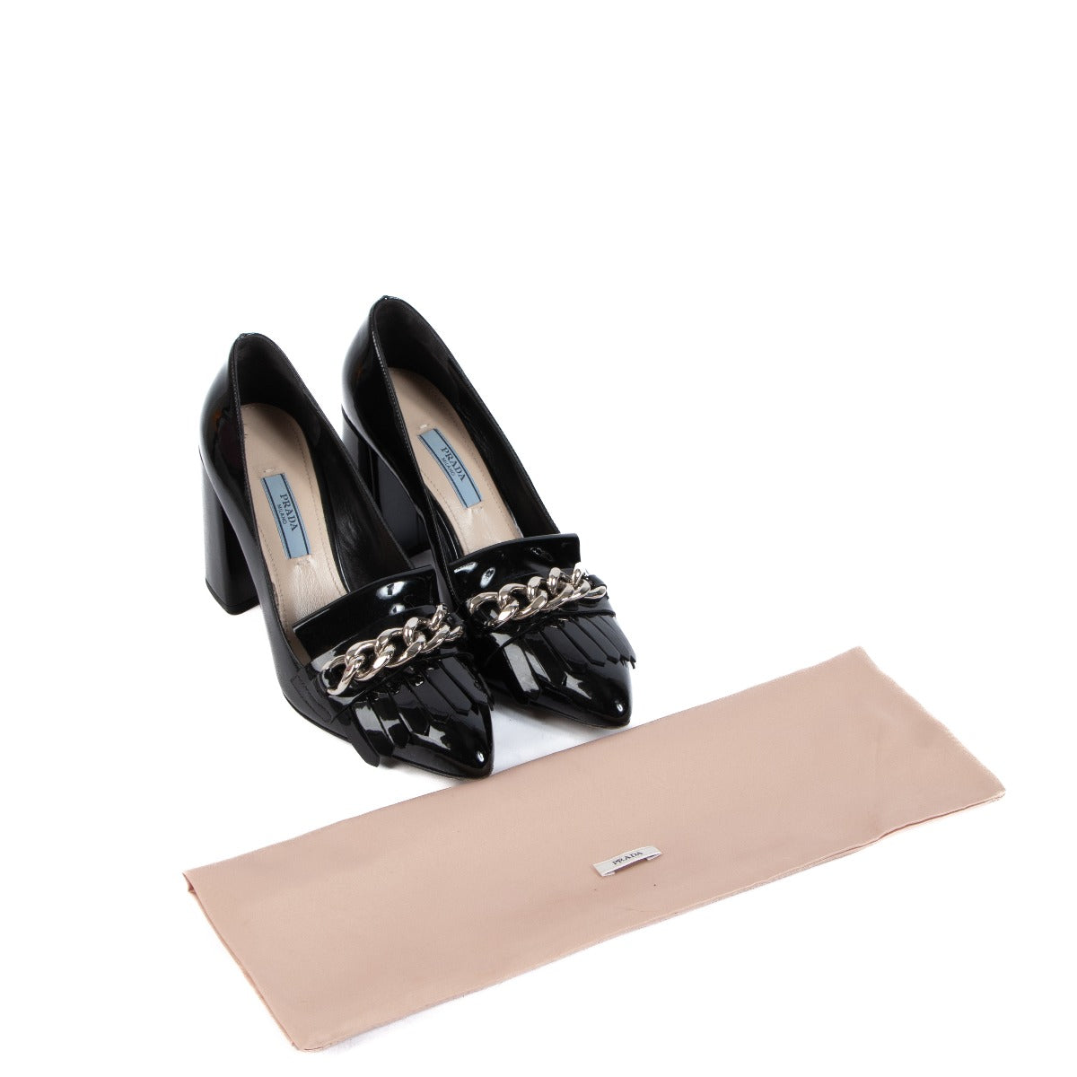 Prada Chain Fringe Black Patent Leather Pumps