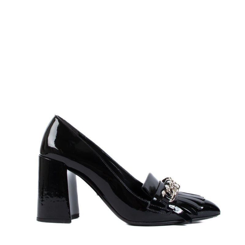 Prada Chain Fringe Black Patent Leather Pumps