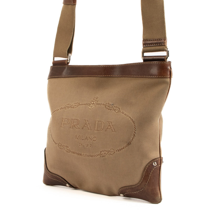 Prada Brown Logo Jacquard Messenger Bag
