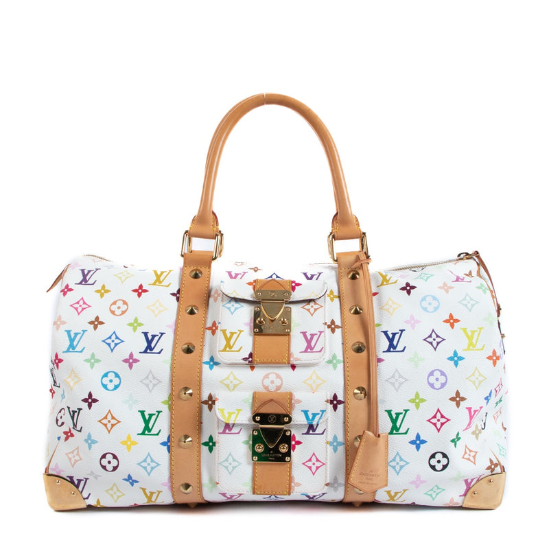 Shop safe online at Labellov in Antwerp, Brussels and Knokke this 100% authentic second hand Louis Vuitton White Murakami Canvas Keepall 45