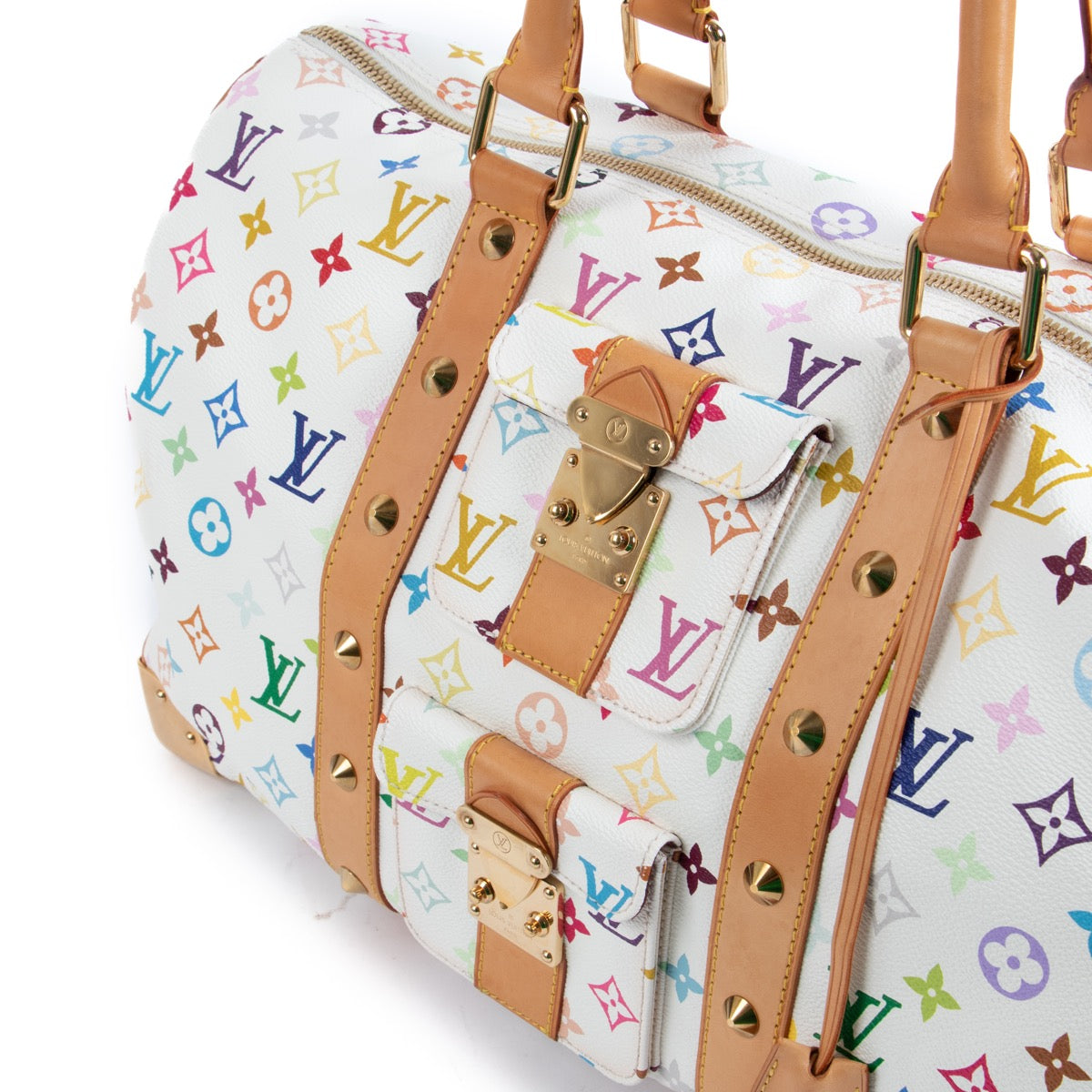 Shop safe online at Labellov in Antwerp, Brussels and Knokke this 100% authentic second hand Louis Vuitton White Murakami Canvas Keepall 45