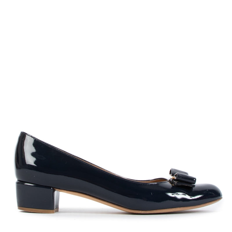 Salvatore Ferragamo Oxford Blue Patent Leather Bow Pump