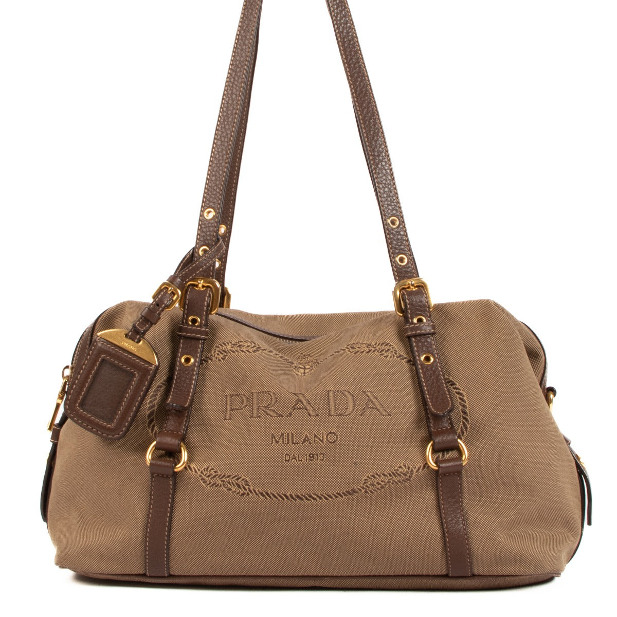 Prada BL0600 Corda/Brucia Logo Jacquard Canvas Bauletto Bag