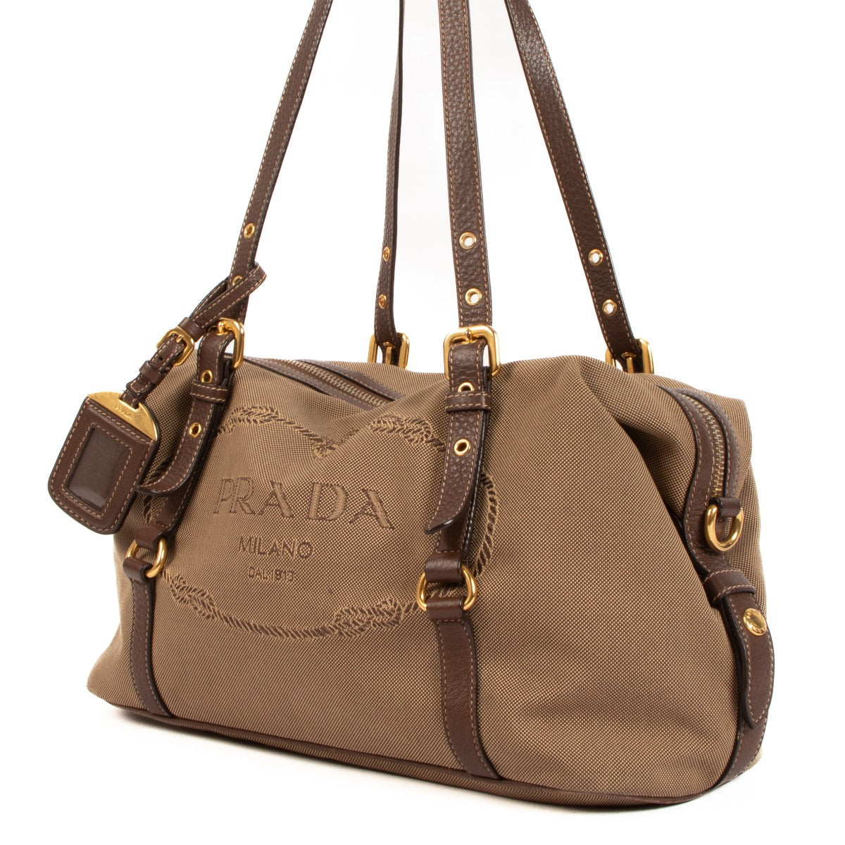 Prada BL0600 Corda/Brucia Logo Jacquard Canvas Bauletto Bag