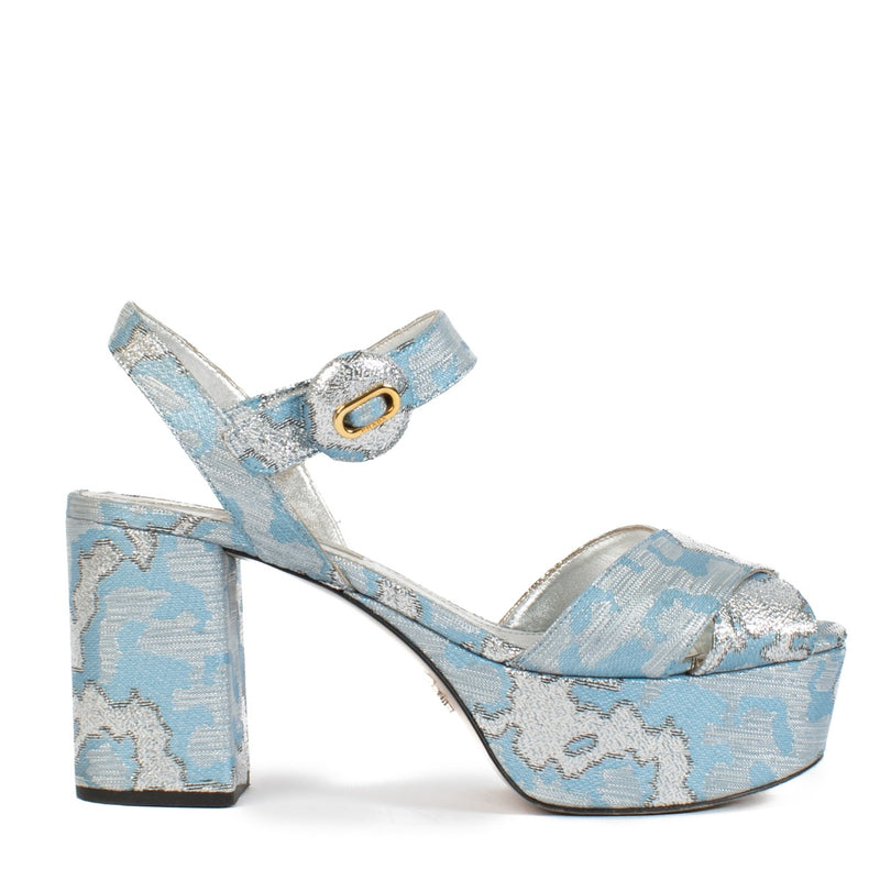 Shop safe online at Labellov in Antwerp, Brussels and Knokke this 100% authentic second hand Prada Blue Shimmer Plateau Sandals - Size 39