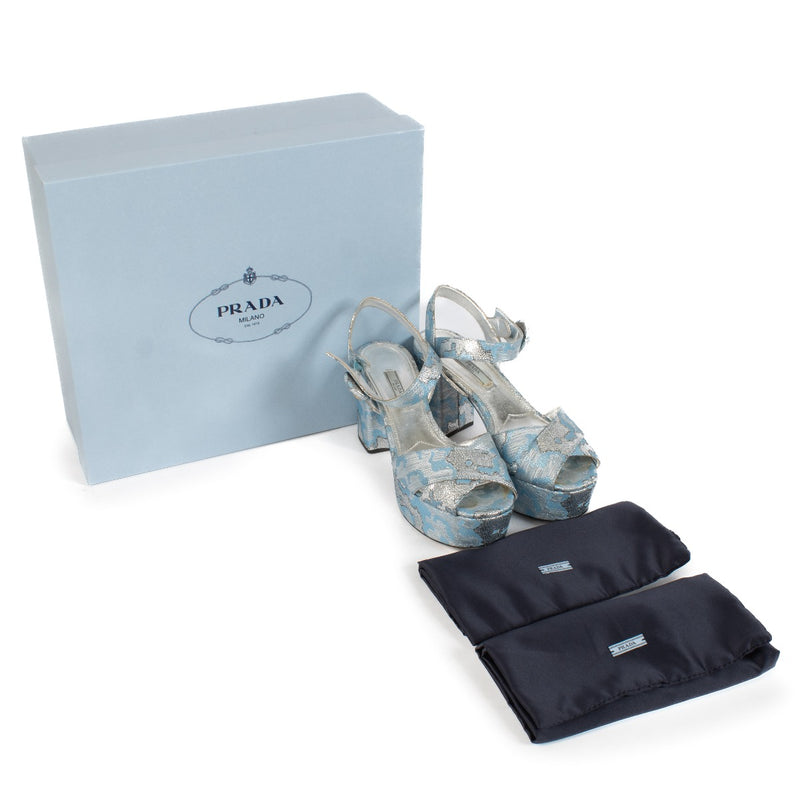 Shop safe online at Labellov in Antwerp, Brussels and Knokke this 100% authentic second hand Prada Blue Shimmer Plateau Sandals - Size 39