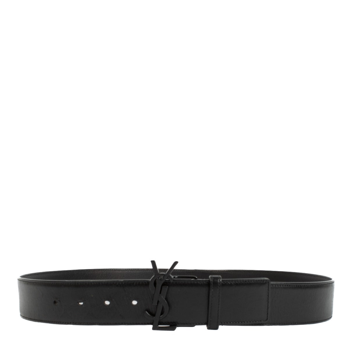 Saint Laurent Black Belt - Size 90, crafted from premium black leather with a black YSL logo buckle. The belt is in very good condition with minimal signs of use, featuring a height of 4 cm. Shop now on Labellov.