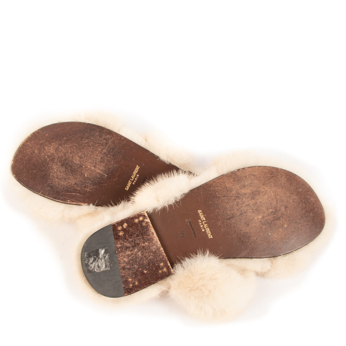Saint Laurent Bleach Cream Fur Sandals - Size 39