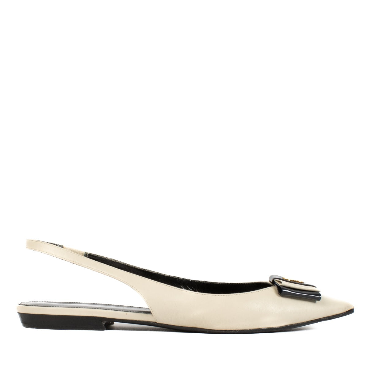 Shop safe online at Labellov in Antwerp, Brussels and Knokke this 100% authentic second hand Saint Laurent White Leather Anaïs Bowling Slingback Flats - Size 39