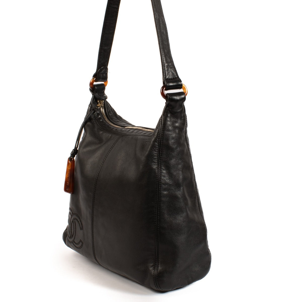 Sac hobo Chanel vintage en cuir de veau noir avec logo CC