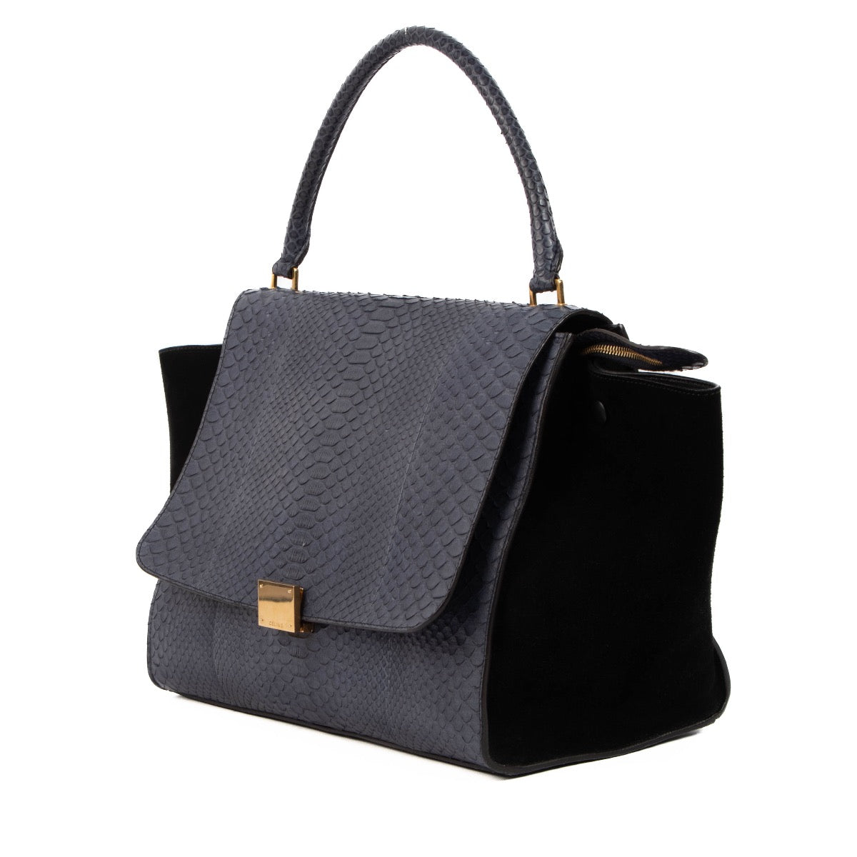Shop safe online at Labellov in Antwerp, Brussels or Knokke this 100% authentic second hand Celine Blue Python Black Suede Medium Trapeze Bag