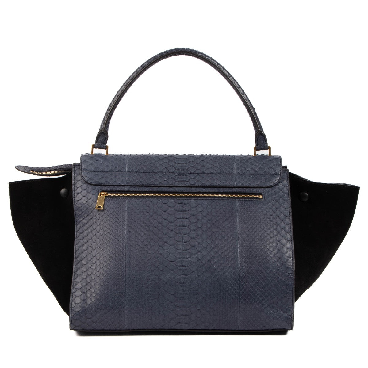 Shop safe online at Labellov in Antwerp, Brussels or Knokke this 100% authentic second hand Celine Blue Python Black Suede Medium Trapeze Bag